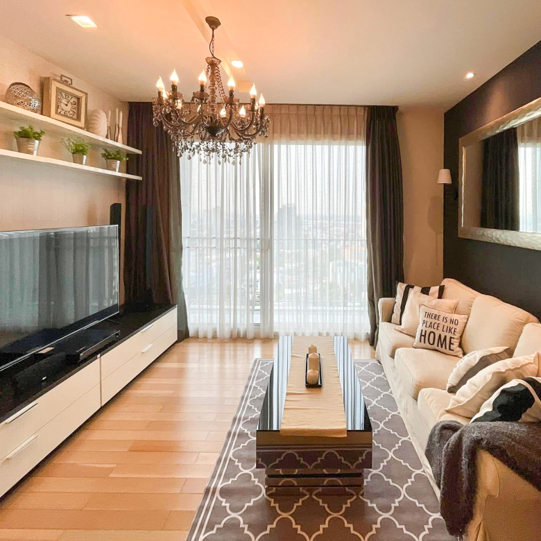 Luxury 2-bedroom condo at SIRI at Sukhumvit for rent and sale. Just 2 minutes walk to BTS Thong Lor. 24th floor with pool view, fully furnished, modern design. Rent 65,000 THB/month or buy for 15.5M THB.