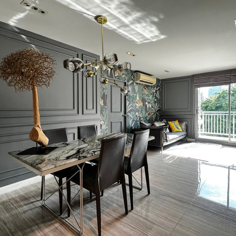 Stylish 2-bedroom condo for rent on Sukhumvit Soi 51 near BTS Thonglor. 80 sqm, peaceful location with green views, designer interiors, walk to EmQuartier & cafes. 48,000 THB/month.