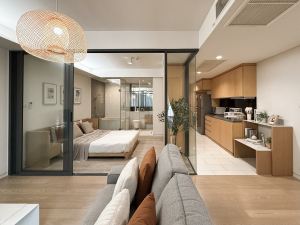 Stylish 1-bedroom condo for rent at Siamese Gioia Sukhumvit 31. 50 sqm with Japanese bathtub, full kitchen, and modern decor. Great location near Phrom Phong BTS. Rent: 26,000 THB/month.