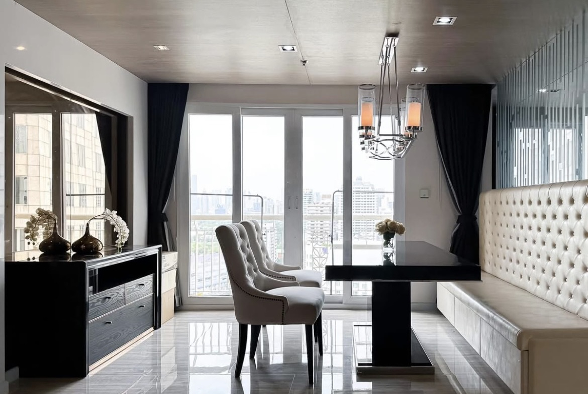 Luxury 3-bedroom penthouse for rent near BTS Asoke, 240 sqm with large walk-in closet, modern kitchen, office space, city view balconies, and premium facilities. 150,000 THB/month.
