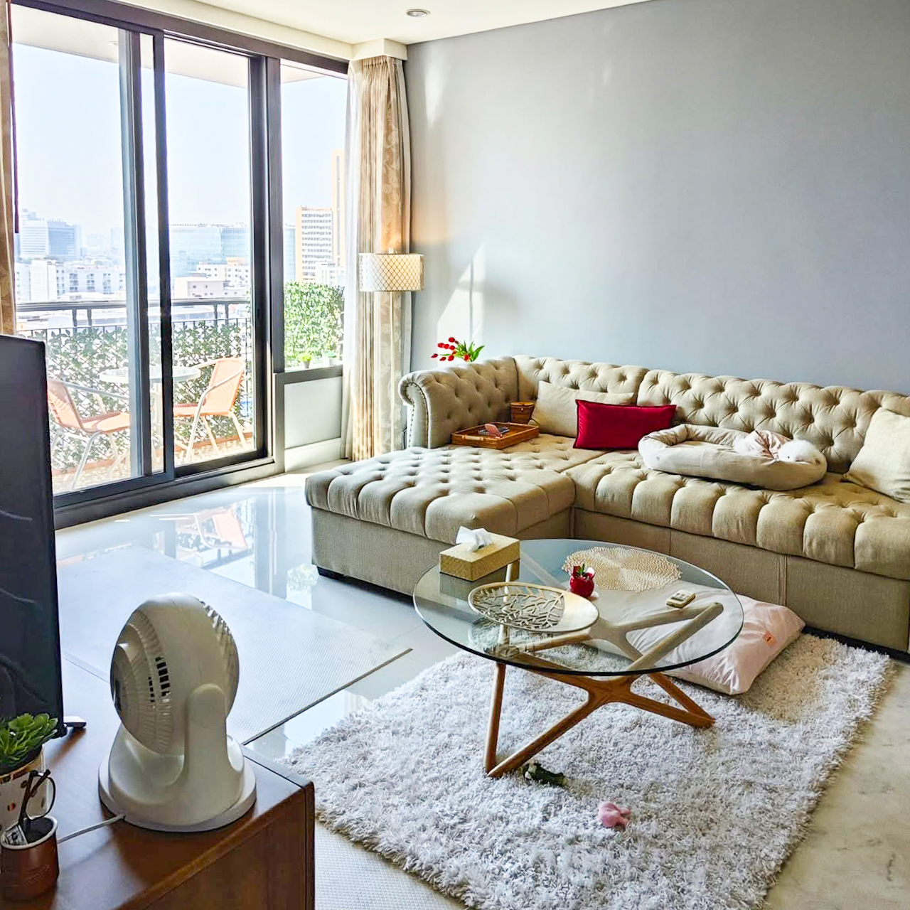 Pet-friendly 2-bedroom condo for rent at Aguston Sukhumvit 22, 90 sqm on the 10th floor. Fully furnished, no earthquake damage, free daytime dog run access. Rent 65,000 THB/month.