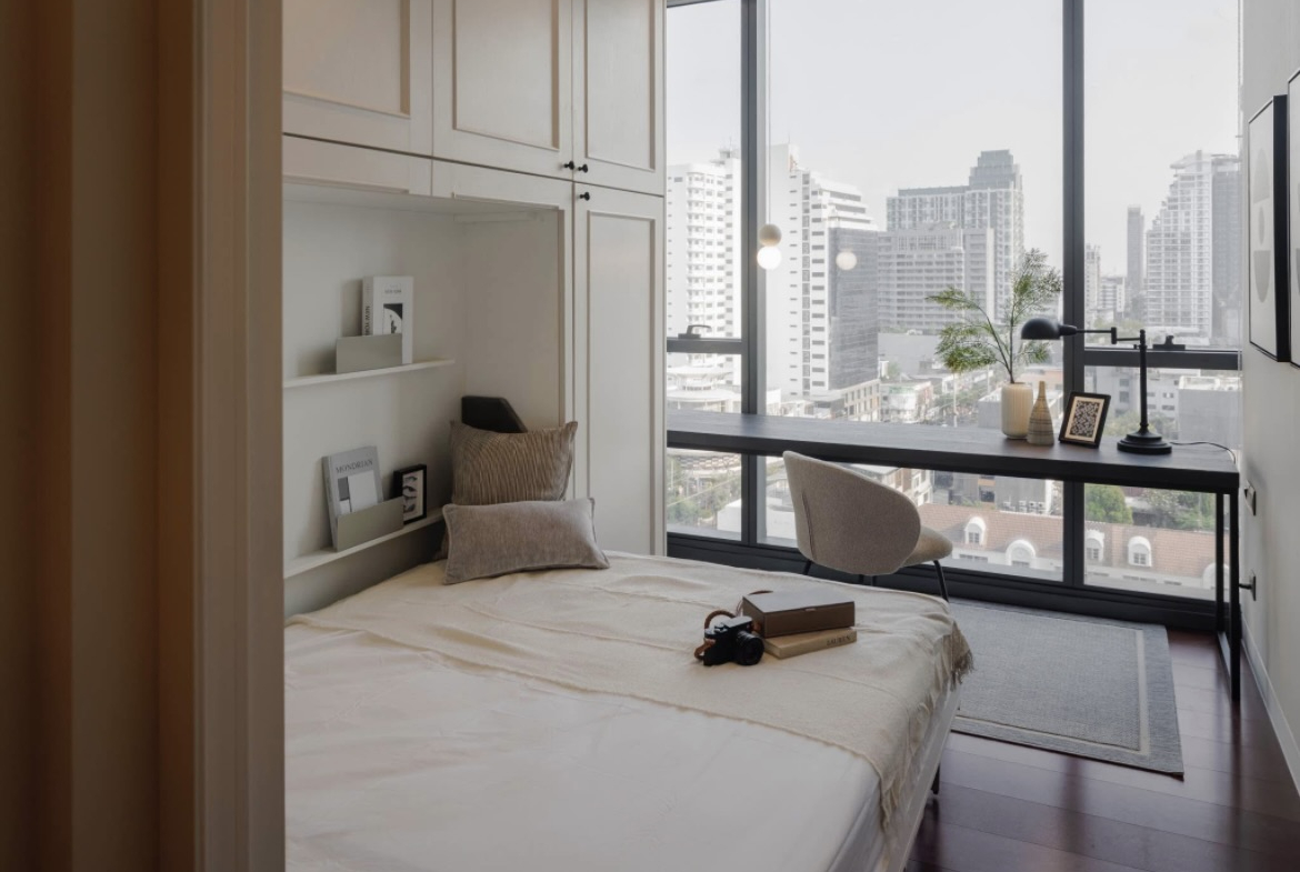 Ultra-luxury 2-bedroom condo for sale and rent at Khun by Yoo Thonglor 12. Fully furnished, newly decorated, 82 sqm with premium amenities, smart home features, and stunning east-facing city views.
