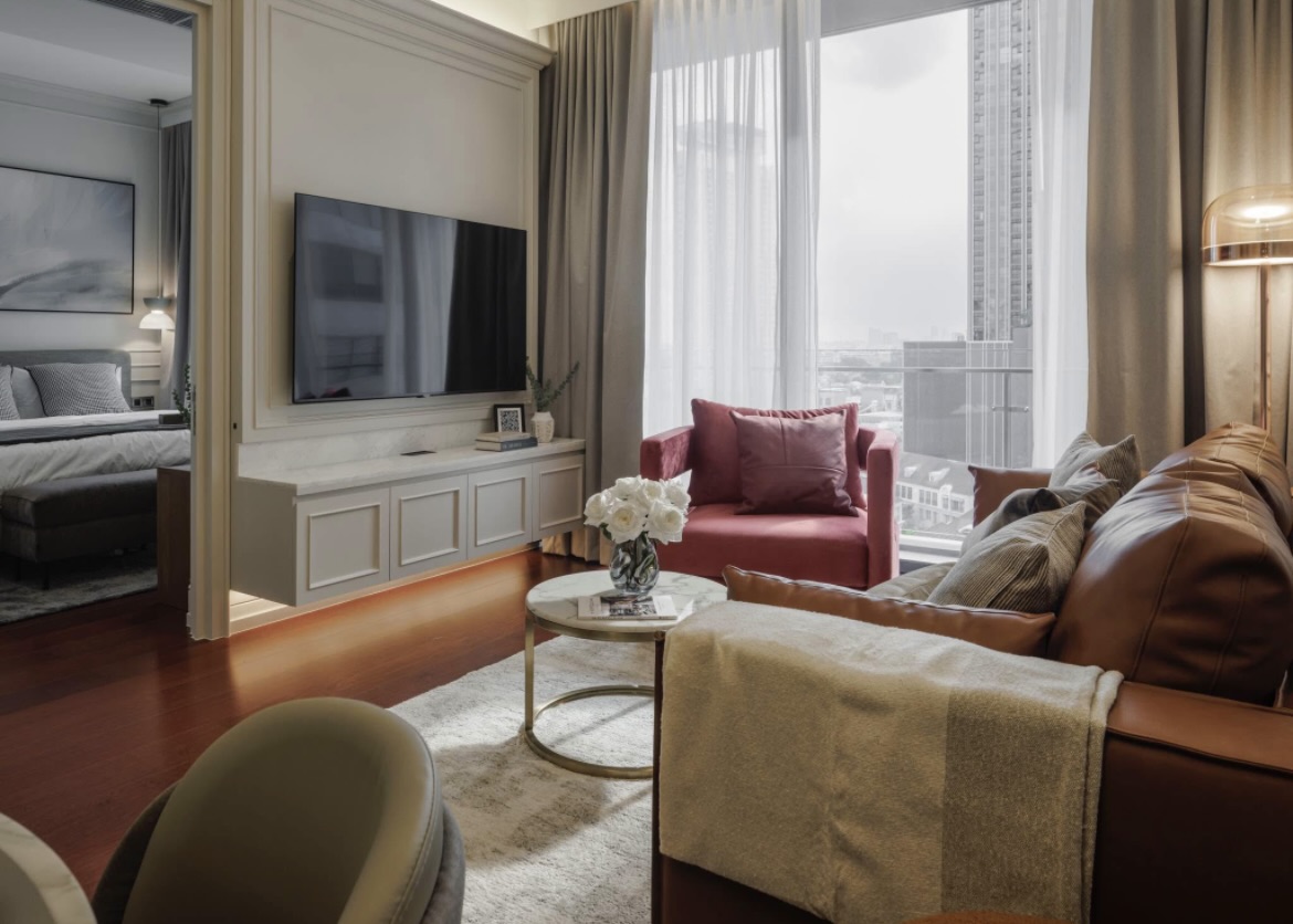Ultra-luxury 2-bedroom condo for sale and rent at Khun by Yoo Thonglor 12. Fully furnished, newly decorated, 82 sqm with premium amenities, smart home features, and stunning east-facing city views.