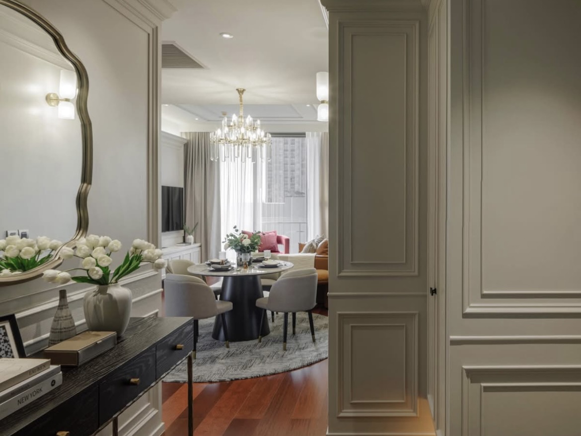 Ultra-luxury 2-bedroom condo for sale and rent at Khun by Yoo Thonglor 12. Fully furnished, newly decorated, 82 sqm with premium amenities, smart home features, and stunning east-facing city views.
