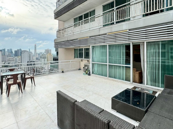 Spacious 2-bedroom penthouse for rent and sale at Grand Park View Asok. 100 SQM with 60 SQM private terrace, panoramic city views, fully furnished, just minutes from MRT and BTS. THB 45,000/month or THB 15M to buy.