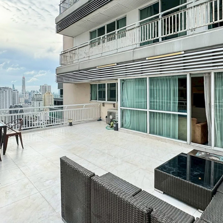 Spacious 2-bedroom penthouse for rent and sale at Grand Park View Asok. 100 SQM with 60 SQM private terrace, panoramic city views, fully furnished, just minutes from MRT and BTS. THB 45,000/month or THB 15M to buy.