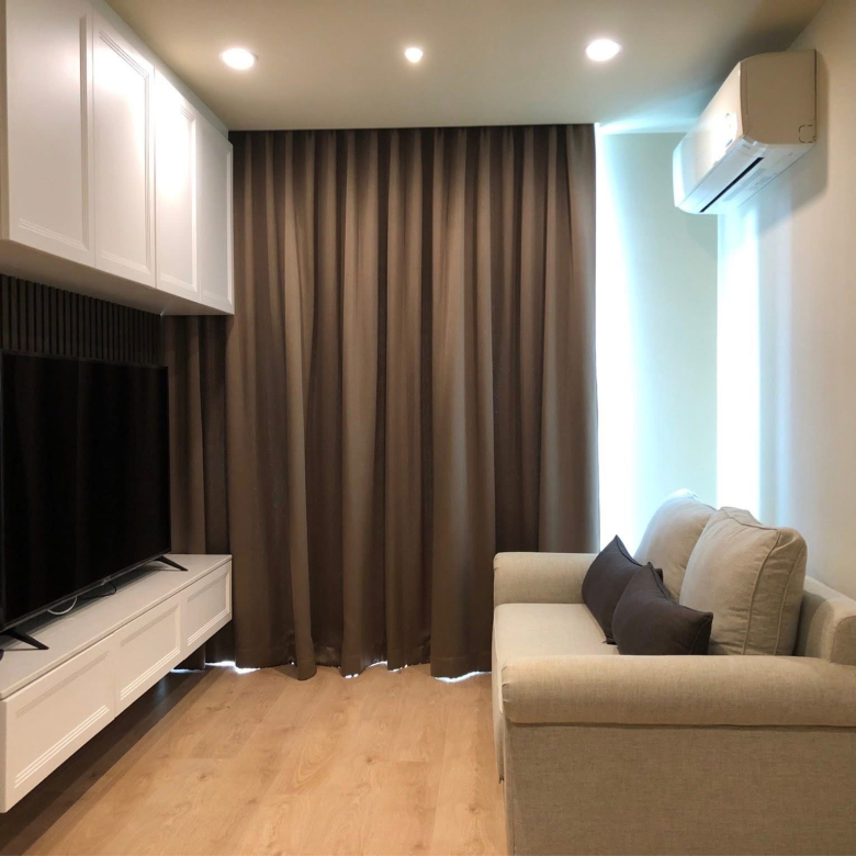 Modern 2-bedroom condo for rent at Noble Recole Sukhumvit 19, 64 sq.m. on the 8th floor, fully furnished, just minutes from BTS Asoke and Terminal 21. 46,000 THB/month.