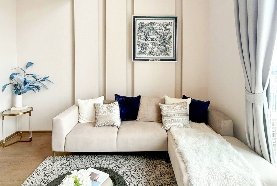 Luxury 2-bedroom duplex condo for sale at Park Origin Phrom Phong, 88 sqm on the 45th floor, fully furnished with exclusive Christian Dior decor. Stunning panoramic city views. Walk to BTS Phrom Phong and EmQuartier. Only 19.99 MB.
