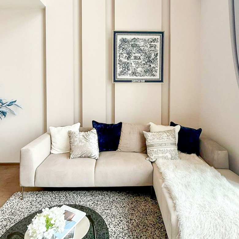 Luxury 2-bedroom duplex condo for sale at Park Origin Phrom Phong, 88 sqm on the 45th floor, fully furnished with exclusive Christian Dior decor. Stunning panoramic city views. Walk to BTS Phrom Phong and EmQuartier. Only 19.99 MB.