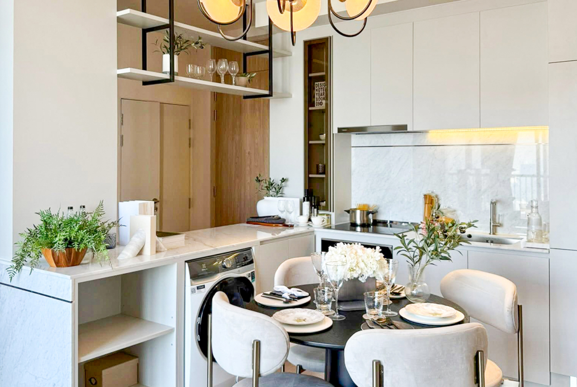 Luxury 2-bedroom duplex condo for sale at Park Origin Phrom Phong, 88 sqm on the 45th floor, fully furnished with exclusive Christian Dior decor. Stunning panoramic city views. Walk to BTS Phrom Phong and EmQuartier. Only 19.99 MB.