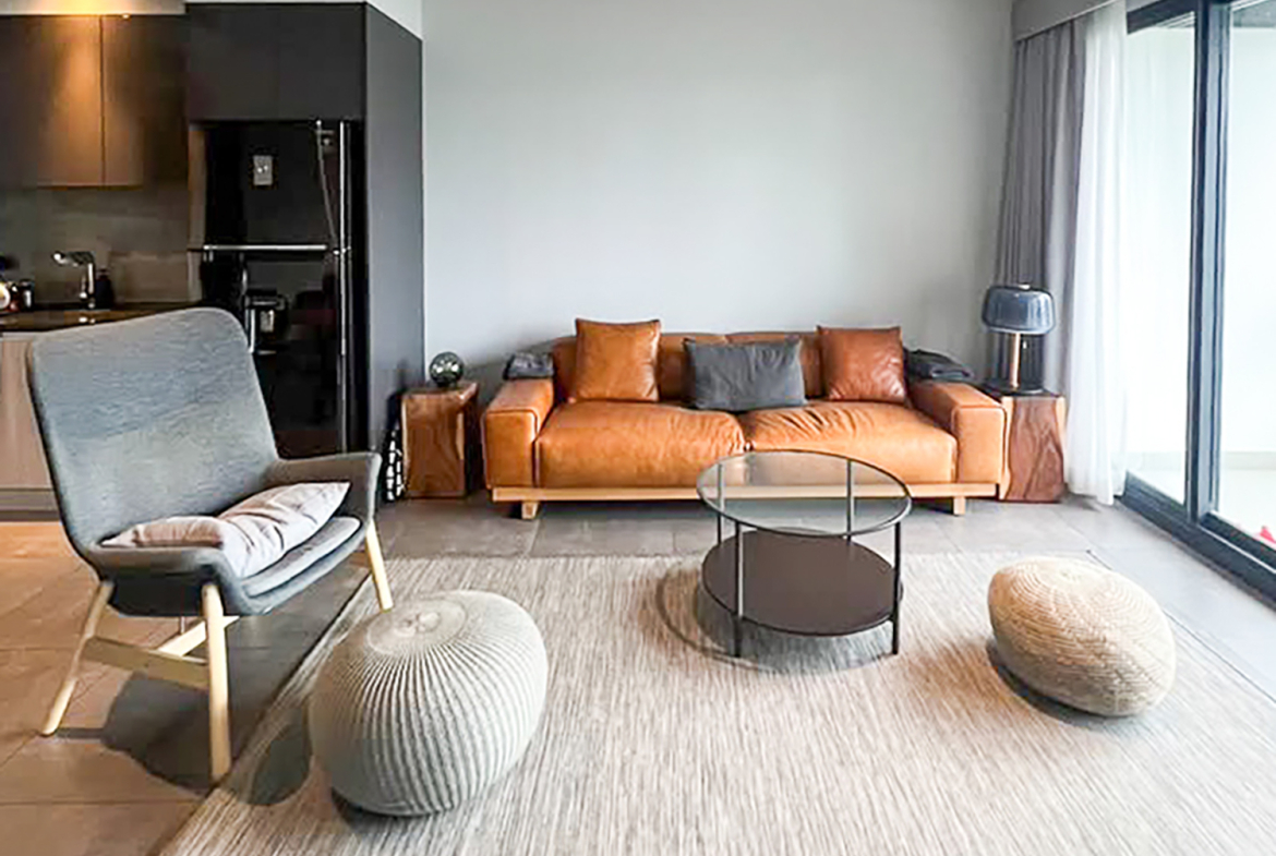 Modern 2-bedroom condo for rent at The Loft Asoke, 87 sqm, fully furnished, quiet city view, 8th floor. Includes kitchen, washer-dryer, 2 TVs. Rent 75,000 THB/month.