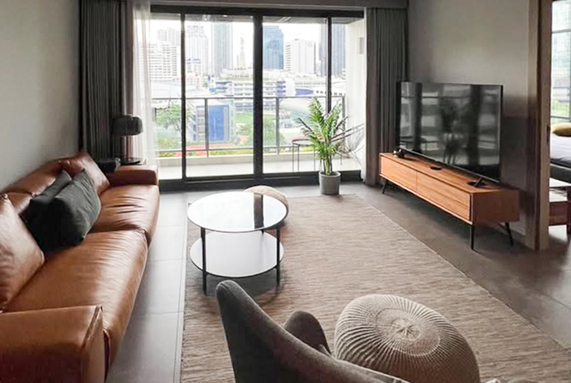 Modern 2-bedroom condo for rent at The Loft Asoke, 87 sqm, fully furnished, quiet city view, 8th floor. Includes kitchen, washer-dryer, 2 TVs. Rent 75,000 THB/month.