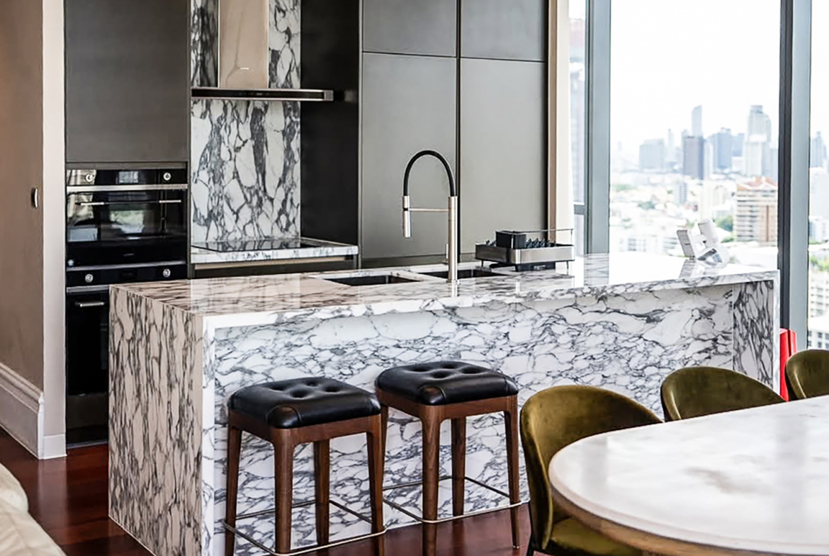 Luxury 3-bedroom corner condo for sale or rent at Khun by Yoo Thonglor 12. High floor, 149.5 sqm, marble kitchen, city views. Sale: 75MB, Rent: 275,000 THB/month. World-class facilities.