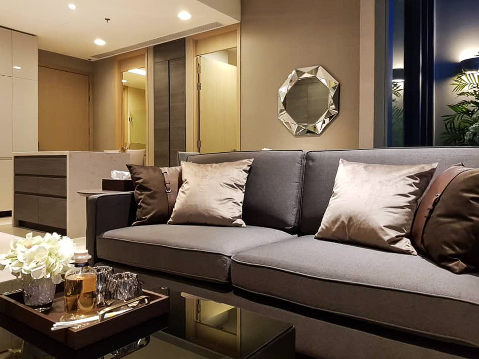 Luxury high-floor 2-bedroom condo for rent at The ESSE Asoke. Fully furnished with skyline views, top facilities, and prime Asoke location. Rent 70,000 THB/month.